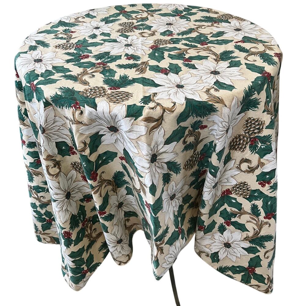 Vintage Christmas floral oval tablecloth pinecones poinsettia holly table decor